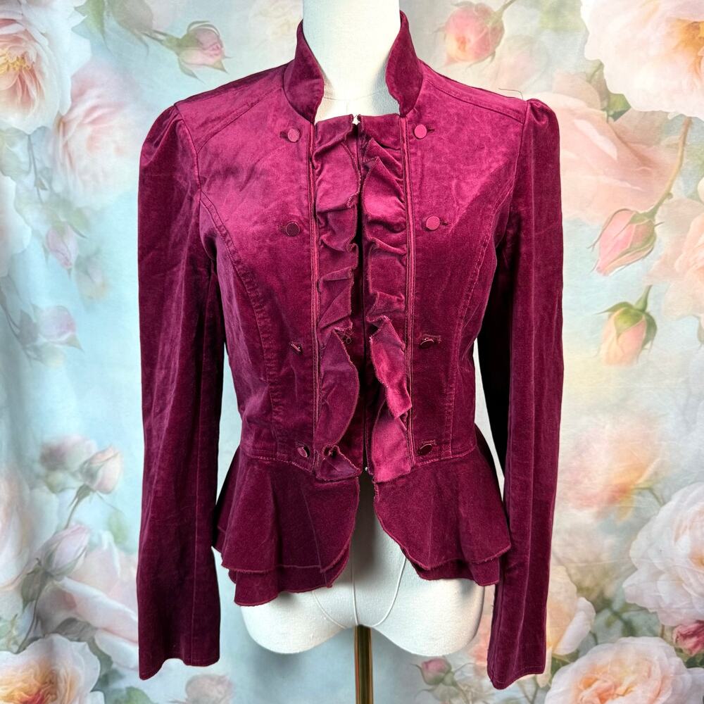 White House Black Market Red Ruffle Velvet Button Detail Victorian Style Jacket